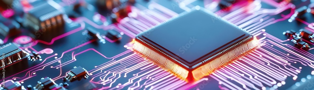 Aufkleber Computer processor illuminated by pink light showcasing intricate details and circuitry design