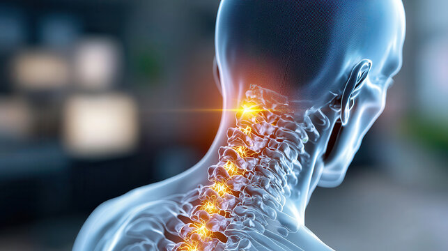 image shows X ray depiction of severe spinal injury with nerve compression, highlighting affected vertebrae in neck area