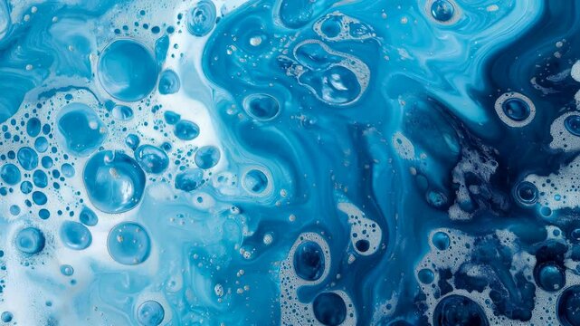Abstract Blue and White Oil and Water Mixture with Bubbles and Swirling Patterns