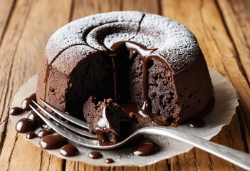 Delicious Molten Chocolate Lava Cake Plated on Rustic Wooden Table with Powdered Sugar and Melted Chocolate