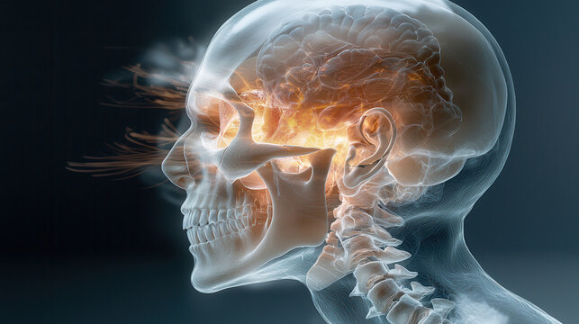 detailed X ray image of human skull and neck, highlighting intricate structure of bones and brain. image showcases complexity of human skeletal system with focus on cranial and cervical regions