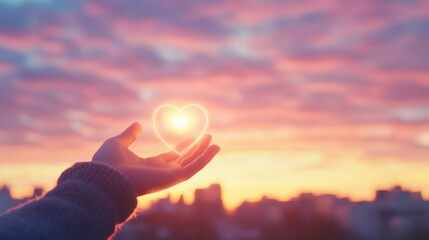 A creative composition of a hand holding a glowing heart symbol in front of a dreamy sunset, vibrant and inspiring,