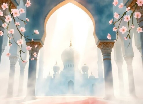 dreamy Pastel color Mosque watercolor illustration with swaying cherry blossoms petals pink flowers for blank greeting ramadan kareem eid mubarak video card motion template
