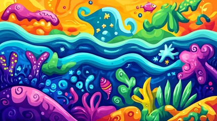 Fototapeta premium Colorful Underwater Scene, Abstract Ocean