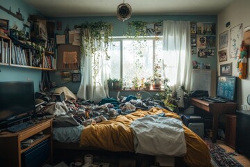 Overwhelmed messy bedroom with chaotic objects and plants.