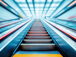 A blurred metro escalator scene, light blue hues dominate the background, capturing the essence of urban movement, with a focus on city infrastructure and the energy of subway life