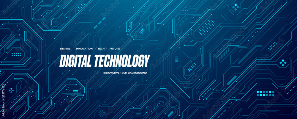 Poster Futuristic AI circuit board background. Technology connected blue lines with electronics elements on tech bg. Computer motherboard with a chip, processor and semiconductor. Digital vector illustration