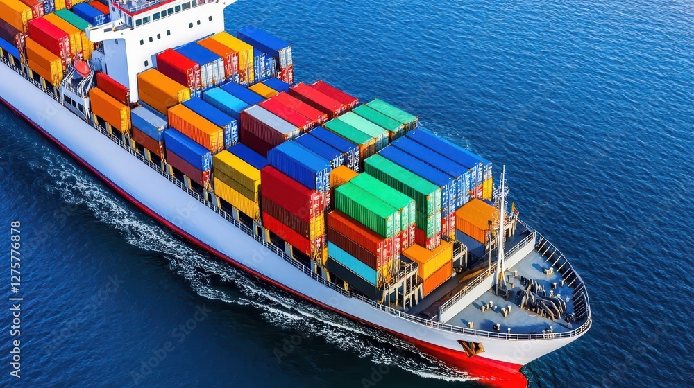 Poster container ship loaded with colorful containers sailing in the open sea during bright sunny weather