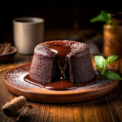 Decadent Chocolate Lava Cake Plated on Rustic Wooden Table with Mint Garnish