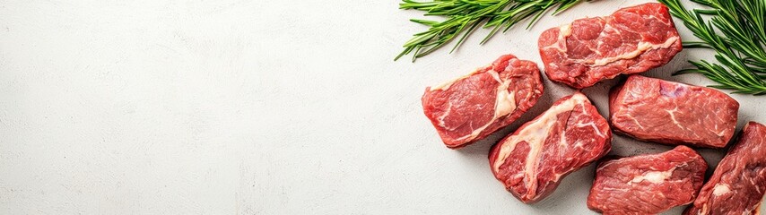 Obraz premium Fresh Raw Beef Steaks Rosemary Garnish White Background Food