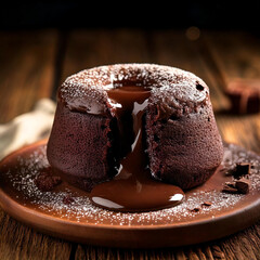 Delicious Chocolate Lava Cake Plated Elegantly on a Rustic Wooden Table - Perfectly Melting Dessert