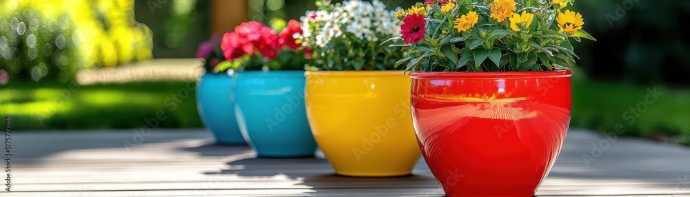 Poster three colorful flower pots arranged on a rustic wooden table in a bright indoor setting
