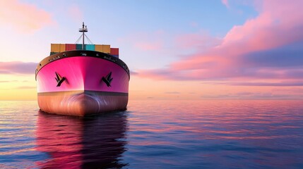 Pink and green container ship sailing on the ocean under a clear blue sky
