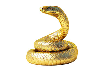 Coiled golden snake sculpture with detailed scales isolated on white transparent background, reptiles or wildlife, symbolizing Chinese Lunar New year