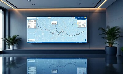 Office meeting Route tracking on large screen, plants, shiny floor. Use Business, logistics, technology - Powered by Adobe