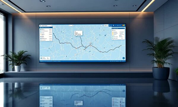 Office meeting Route tracking on large screen, plants, shiny floor. Use Business, logistics, technology