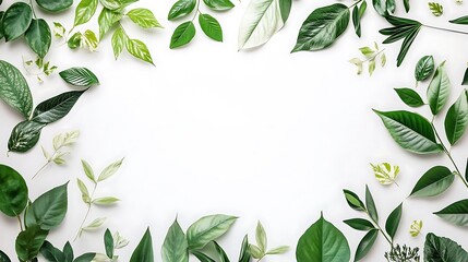 Fresh Green Leaves Frame on White Background
