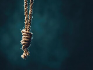 Fototapeta premium A closeup shot of a frayed, broken string hanging precariously, casting long shadows Dark, moody lighting accentuates the tension and fragility, evoking a sense of imminent danger