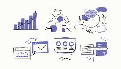 Business and finance hand-drawn icons set. Sketch-style illustrations of financial growth, data analysis, investment, and digital marketing. Flat vector doodle collection for business presentations