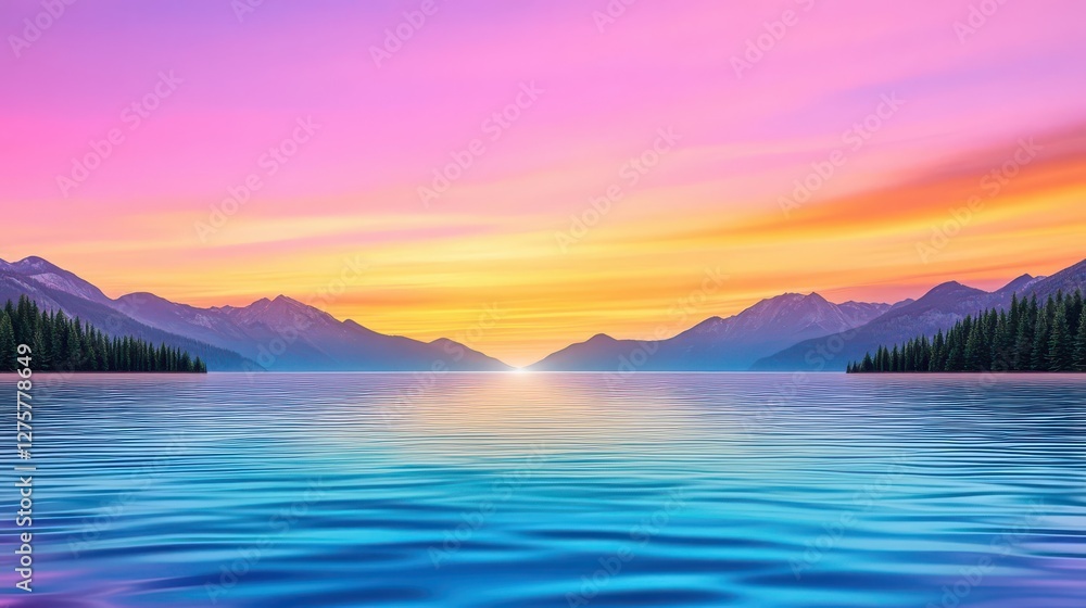 Poster sunset over a tranquil lake with mountains in the background and colorful sky reflections