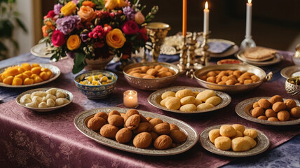 Naklejka premium beautifully arranged table featuring array of traditional pastries, colorful flowers, and candles, creating warm and inviting atmosphere for festive gathering