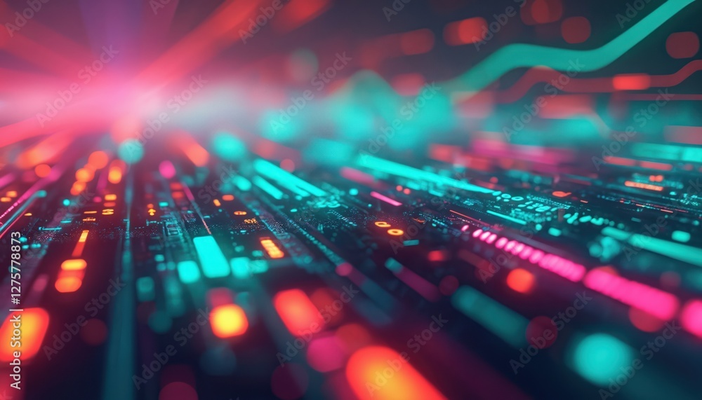 Poster Vibrant abstract digital lines and dots with numbers pattern. Stream of glowing data flow. Futuristic tech background with detail, light and visual motion.