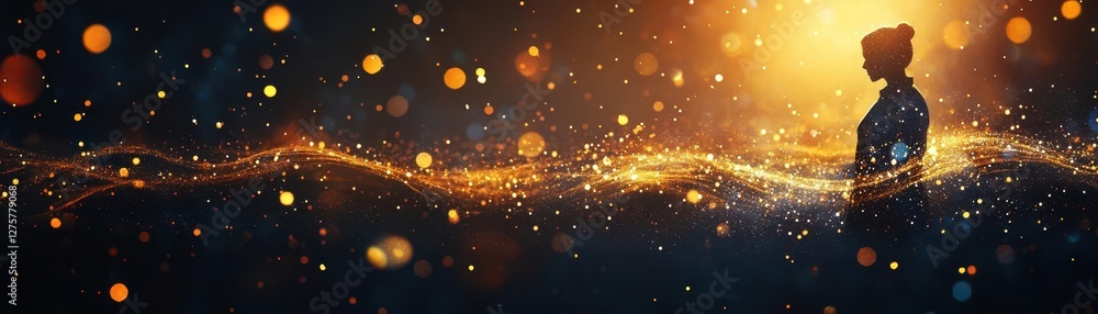 Poster a dark brown backdrop illuminated by sparkling golden light particles