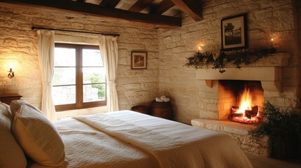 Fototapeta premium Cozy rustic bedroom with fireplace in charming stone cottage