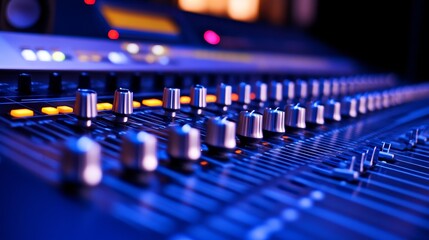Close-up of a professional audio mixing console with illuminated controls in a studio setting