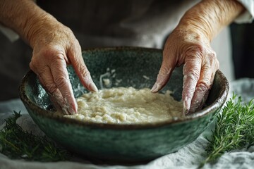 Fototapeta premium Elderly hands gently mixing a light-colored dough in a rustic bowl, creating a culinary masterpiece.