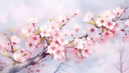 Blossom branch with flowers, spring, dreamy landscape background, for springtime, nature, and easter themes