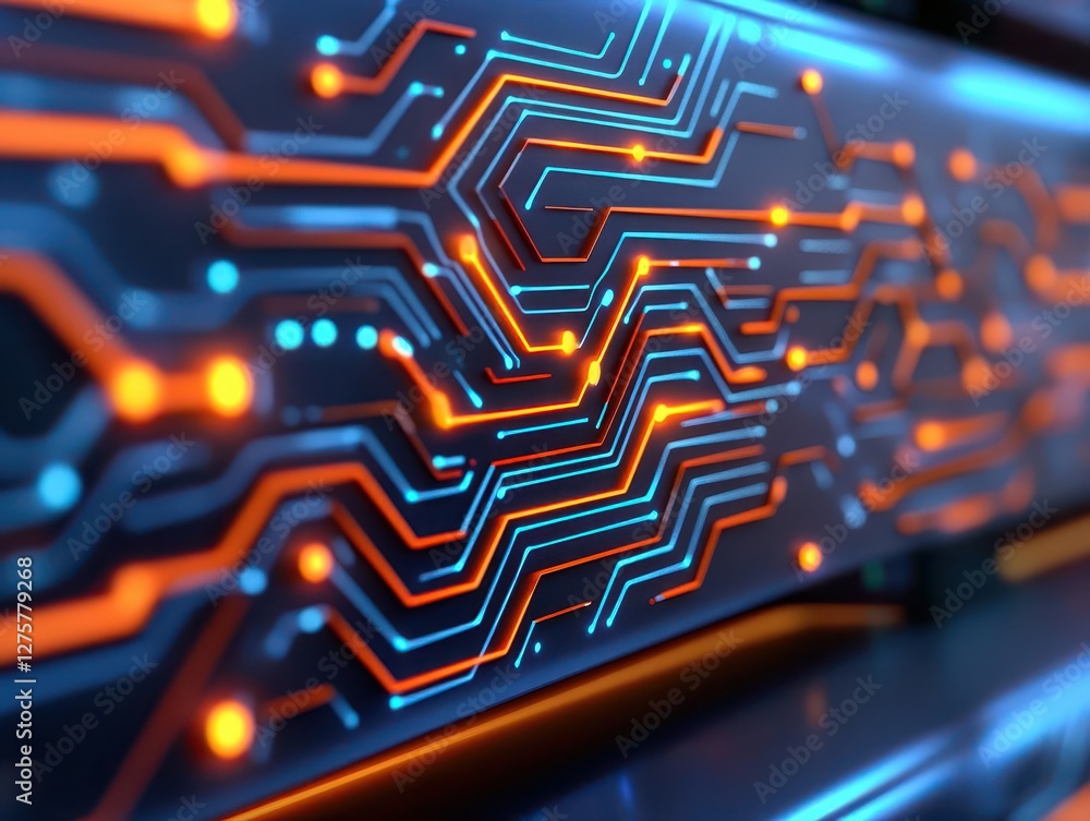 Leinwandbilder Detailed circuit board with glowing lines and intricate electronic components in a close-up view