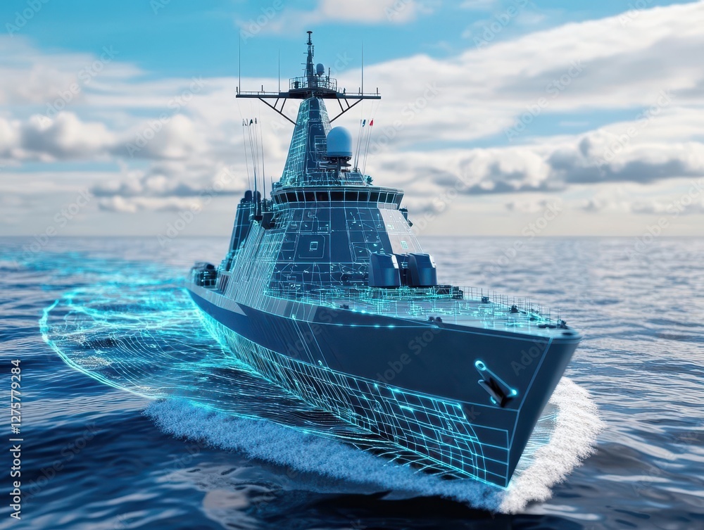 Poster large boat with blue light on its side anchored in a calm water setting at dusk