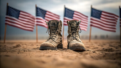 Patriotic Tribute with Worn Military Boots and American Flags Representing Sacrifice and Remembrance