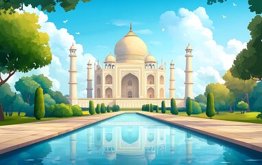 Fototapeta premium Cartoon Taj Mahal reflection in a pool, lush garden