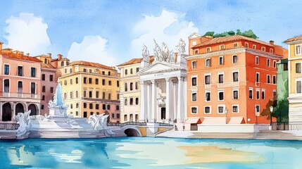 Fototapeta premium Serene Watercolor Scene of Historic Architecture Near Waterway