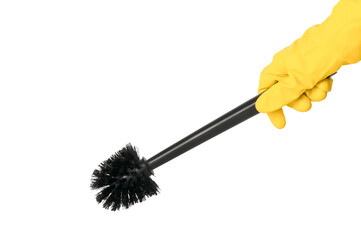 A gloved hand holding a clean toilet brush, isolated on a white background. concept of cleaning, cleaning services, cleanliness