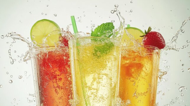 Refreshing summer drinks splashing in glasses with vibrant fruits and mint, enhancing the scene
