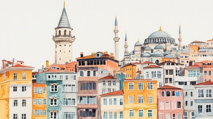 Fototapeta premium Colorful Historic Homes Overlooking Iconic Istanbul Landmarks