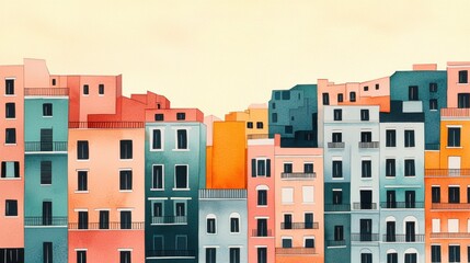 Colorful Urban Buildings with Balconies in Artistic Design Style