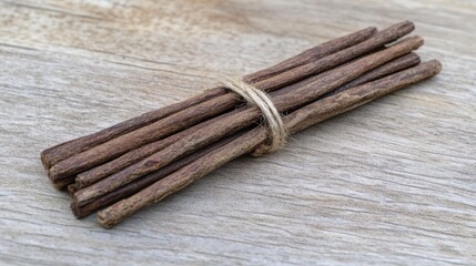 simple wooden stick arrangement, wooden sticks tied with twine, rustic wooden sticks display, rustic wooden sticks tied with string, natural wooden sticks tied with string, bundle of natural wood