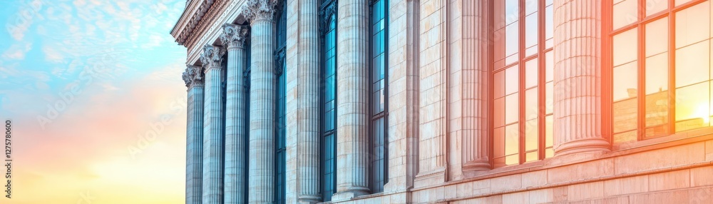 Poster Building with columns against a clear blue sky background in urban setting