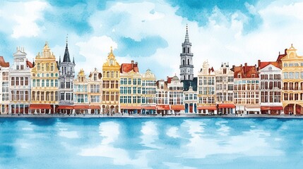 Obraz premium Colorful Waterfront Scene with Historic Buildings and Sky Reflections