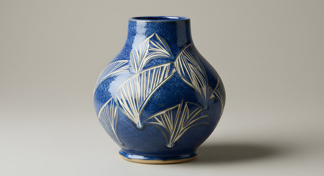 Artisan Blue Ceramic Vase with White Engraved Leaf Design Pottery
