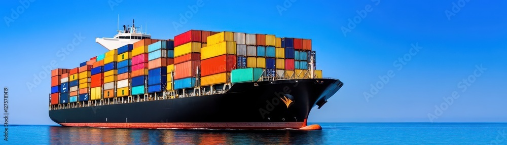 Poster large container ship sailing in the ocean on a clear day with blue sky and calm waters