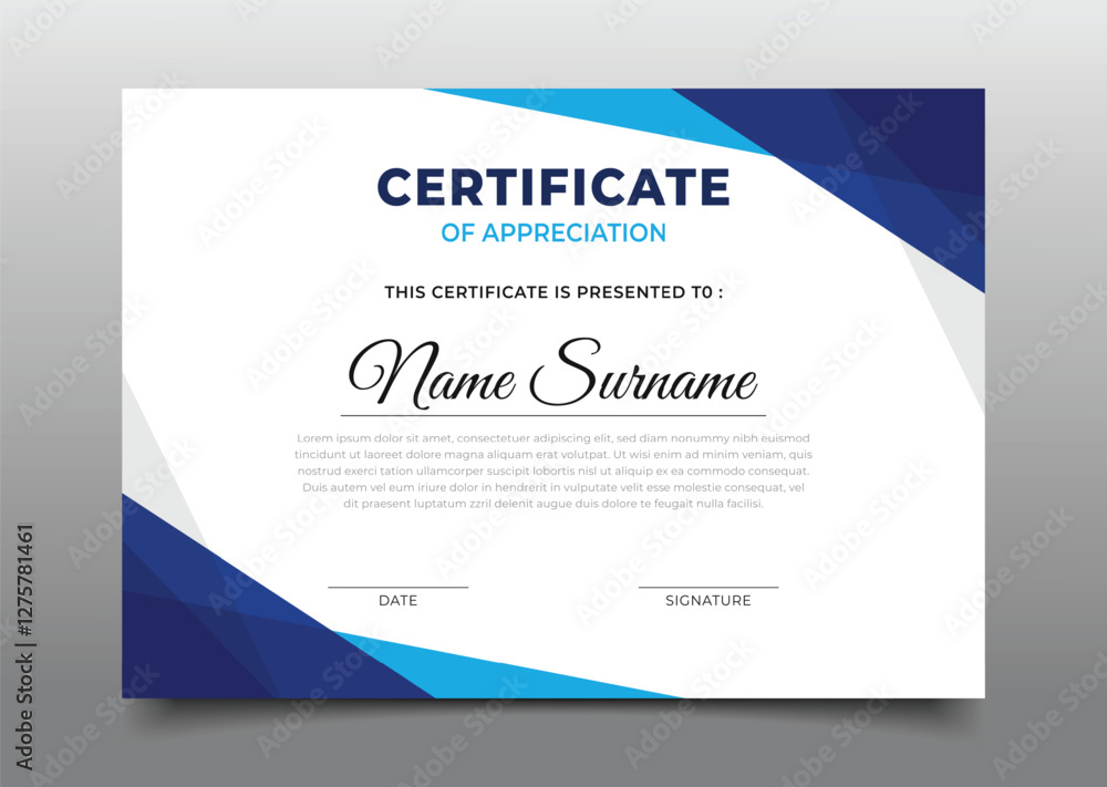 Poster business certificate template design with modern geometric blue gradient triangle overlapping border