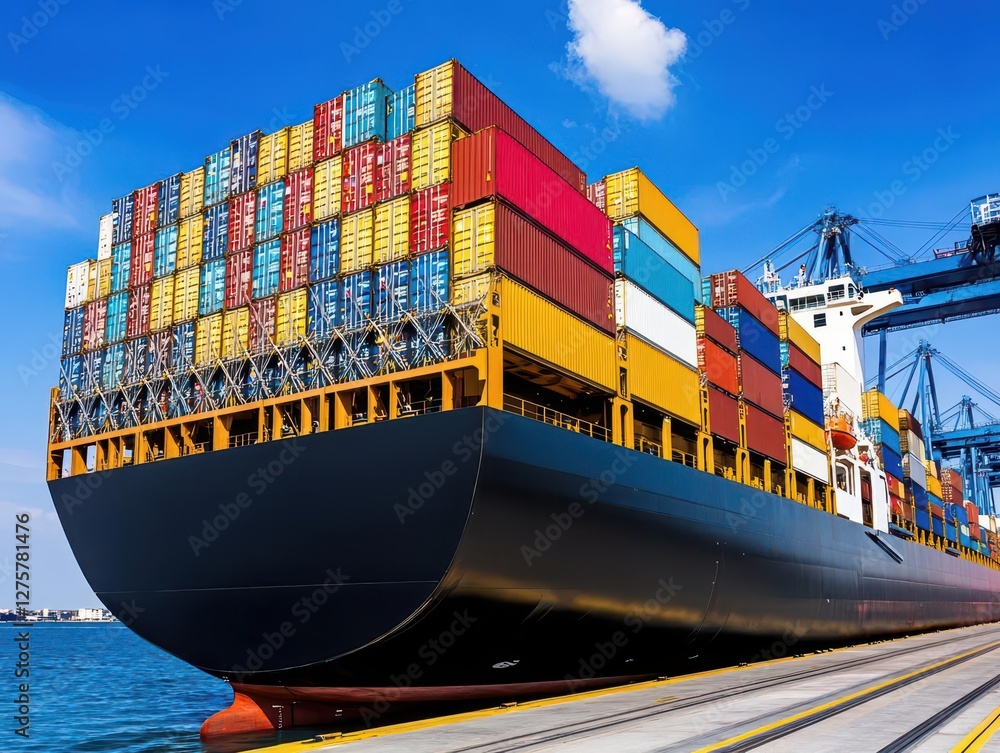 Poster large container ship docked at the port with cranes and cargo in the background