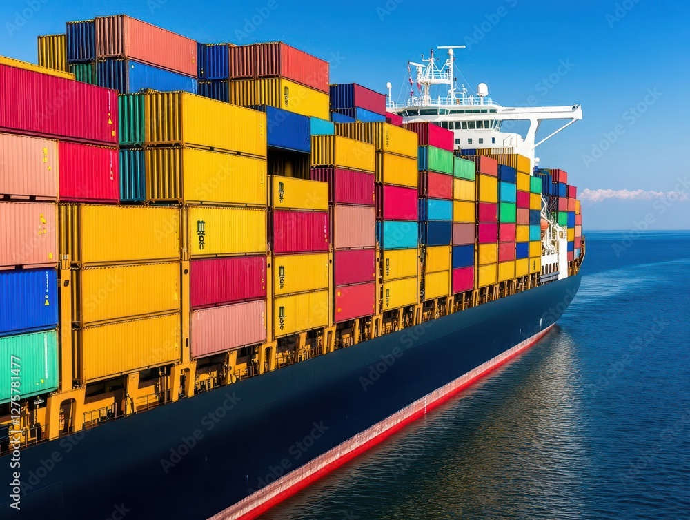 Poster a large container ship fully loaded with colorful cargo containers sailing on calm waters under a cl