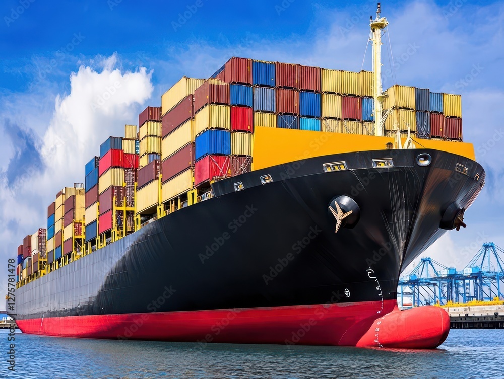 Poster large cargo ship loaded with containers sailing on calm water during daytime