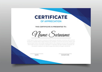 Business certificate template design with modern geometric blue gradient triangle overlapping border frame decoration